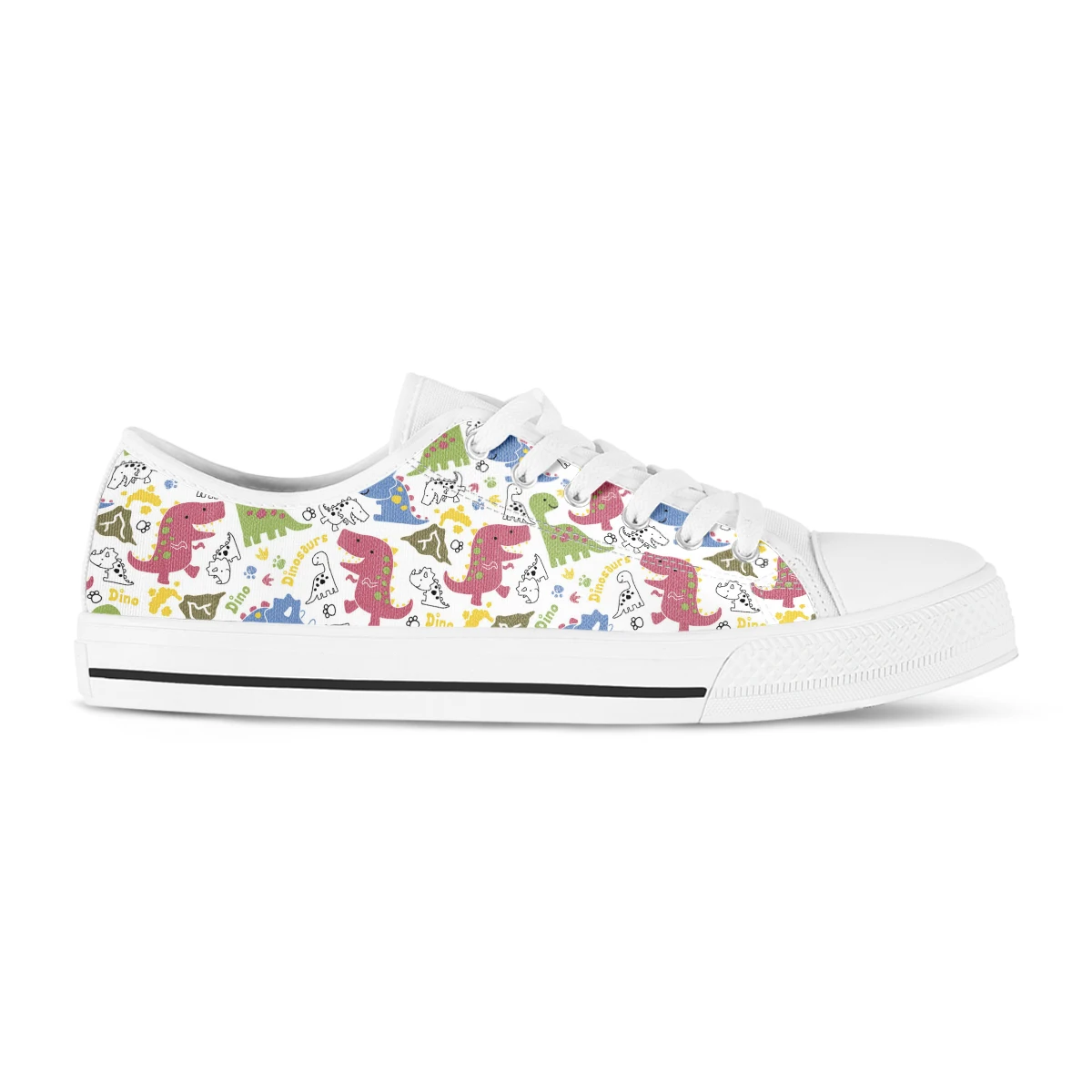 New Cute Cartoon Dinosaur Floral Pattern Women Comfortable Canvas Flats Vulcanized Lace-up Sneakers Ladies Casual Shoes