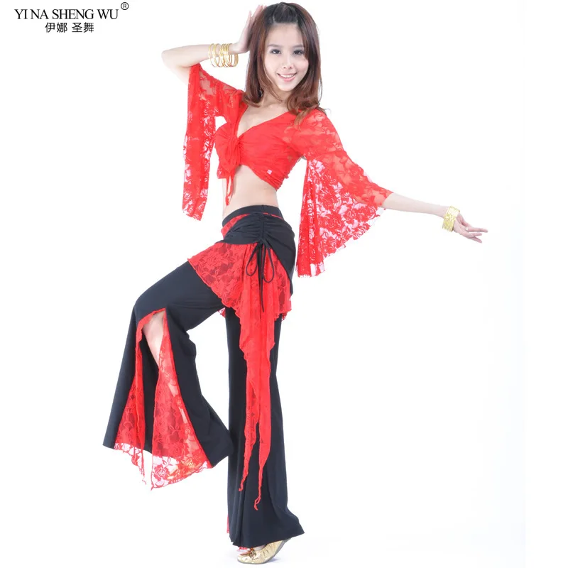 New Belly Dance Costume Set Adult Female Lace Butterfly Sleeve Practice Clothes Top+Pants Belly Dance Wear