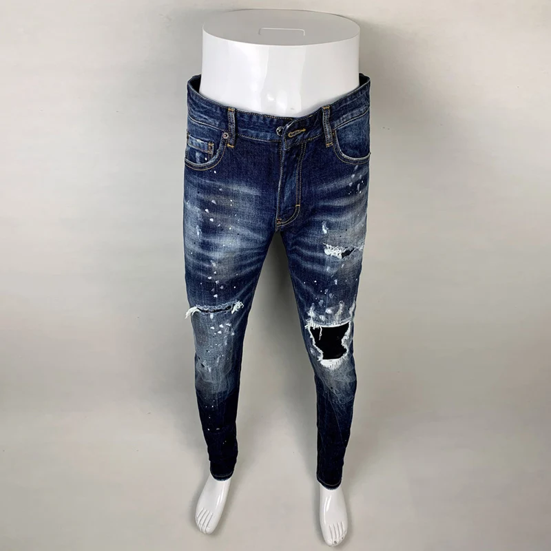 

Fashion Streetwear Men Jeans Retro Blue Stretch Slim Fit Ripped Jeans Men Leather Patched Designer Hip Hop Brand Pants Hombre