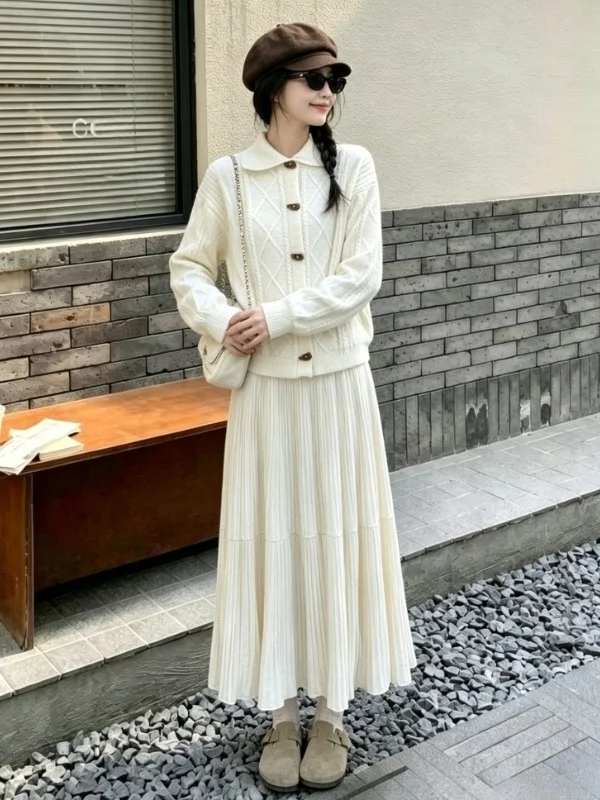 Retro Twist Sweater Coat High Waist Slimming  Skirt Two-Piece Set Women's Fashion Autumn Winter Chic Button-Up Knitwear