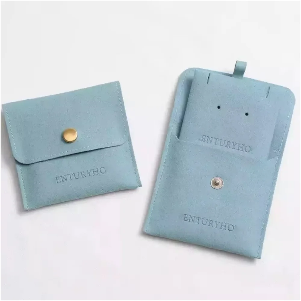 50PCS Custom Logo Snap Blue Suede Jewelry Earring Pouch With Box And Insert Pad,Suede Microfiber Jewelry Pouches for Wedding