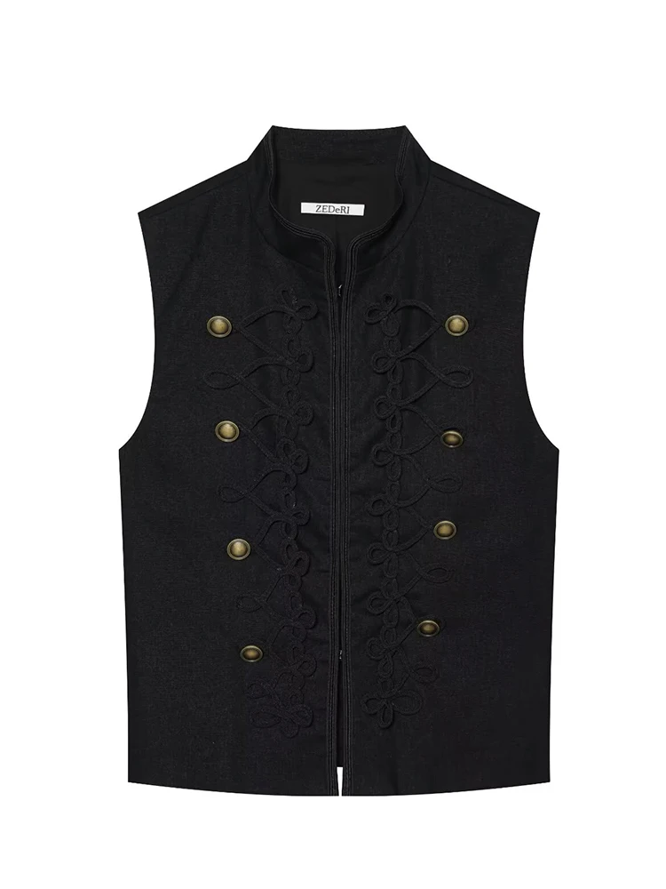 HH Women Summer Victorian Wanderlust Black Lace Up Vest Spring Stand Collar Bronze Button Sleeveless Lightweight Outerwear
