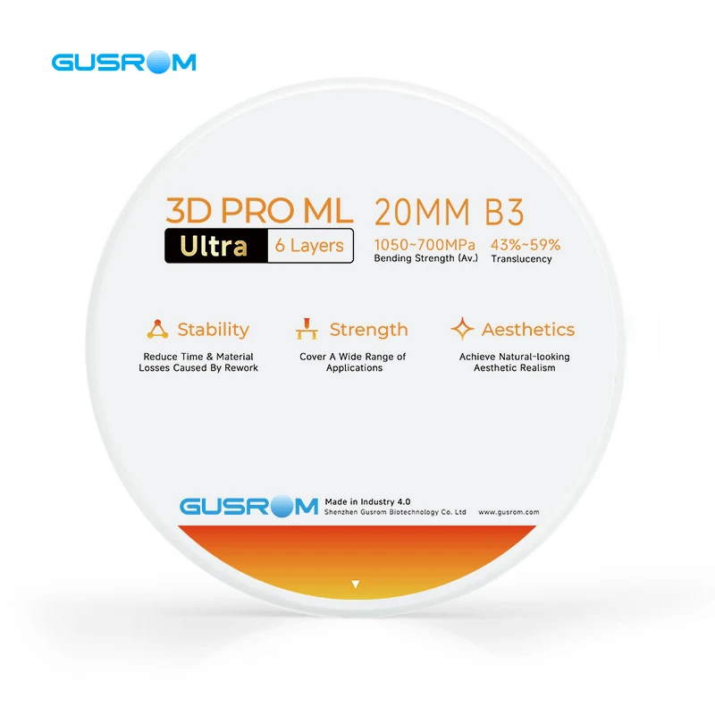 GUSROM 3D Pro ML Ultra Dental Zirconia Block 98mm CAD CAM Multilayer 49-53% Translucency 650-1150MPa for Dental Lab Crown Bridge