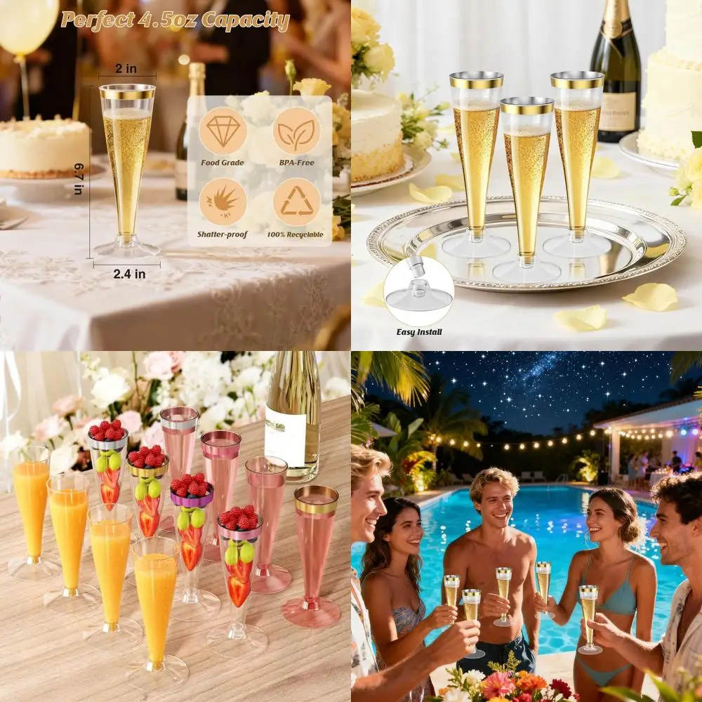 

Набор из 200 пластиковых флейт для шампанского с золотой оправой, 4,5 унции, одноразовых для помолвки, свадеб, дней рождения, Нового года и Крис