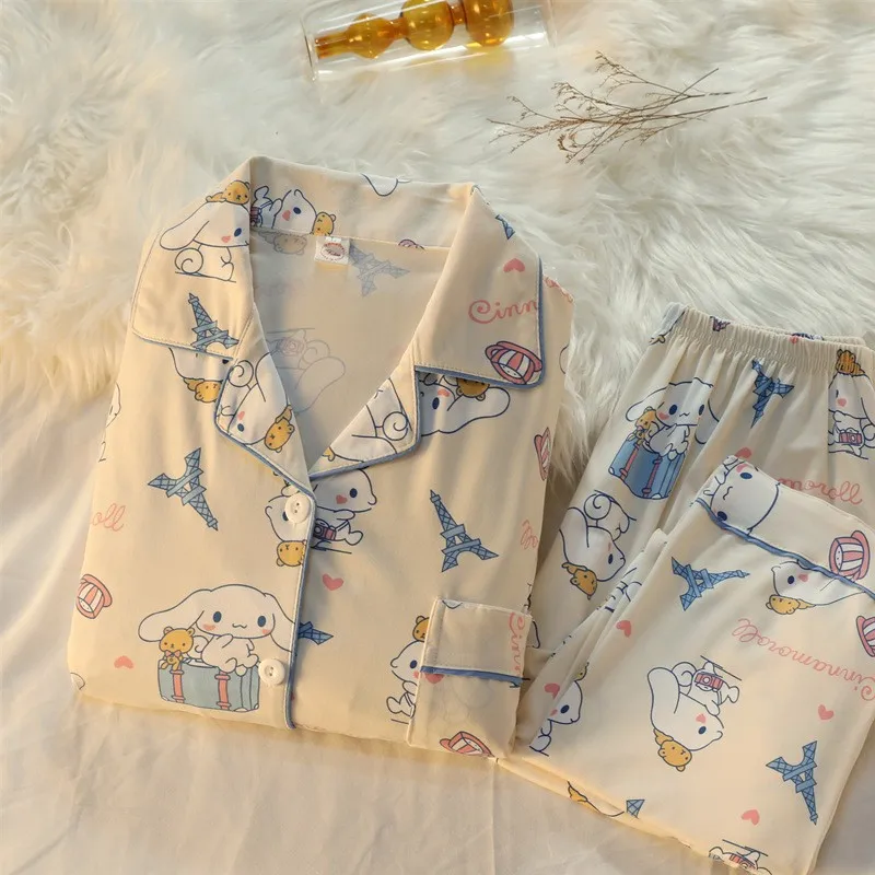 

Kawaii Female Cinnamoroll 2Pcs Pajamas Set for Women Hello Kitty Anime Kt Cat Long Sleeve Tops Pants Loungewear Homewear Sweet