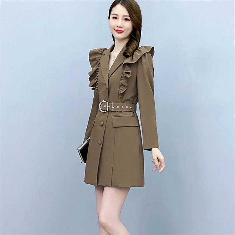 2025 สีเขียว Trench Coat ผู้หญิง Blazers Windbreaker Flounce Sashes เสื้อลําลอง Lady ความยาวปานกลาง Slim Jacket ฤดูใบไม้ผลิฤดูใบไม้ร่วง