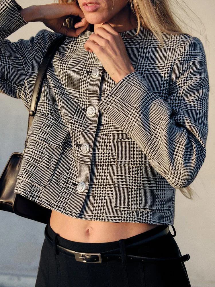 

Ele Plaid ort Casual Suit Jaet round Ne Long Sve New Arrival Women's Faion Commute Sle Outerwear