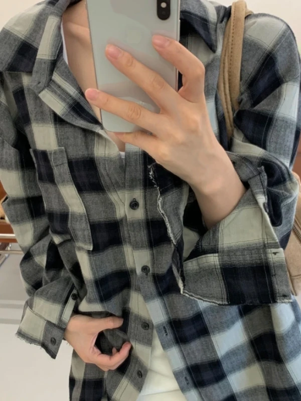 

Retro Korean Plaid Long Sve irt Jaet Women's Early Autumn Loose Lazy Outerwear Open Cardigan Single Button Top