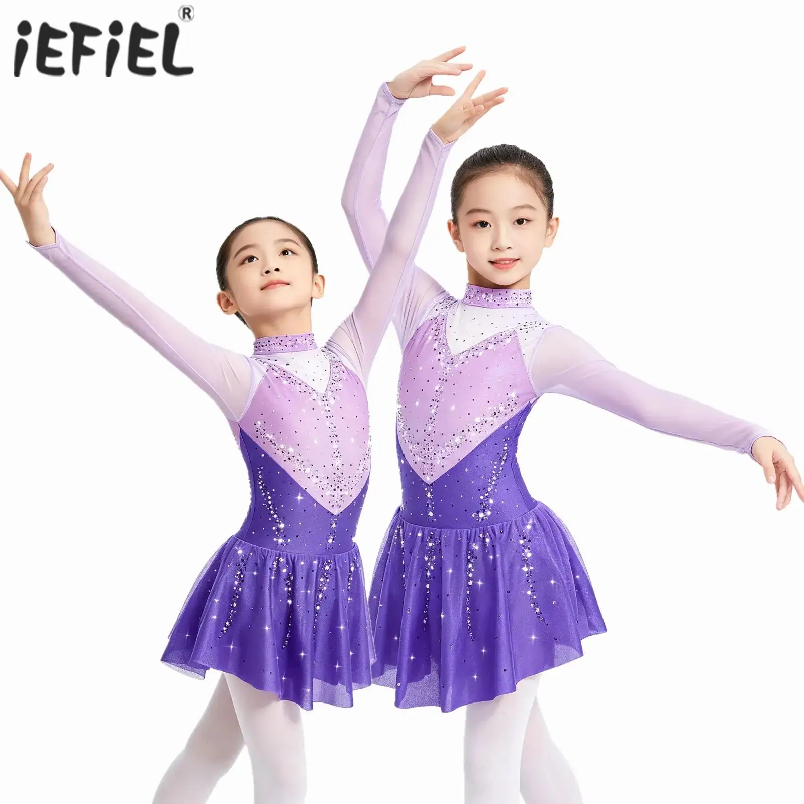 

Kids Girls Shiny Rhinestones Gymnastics Figure Skating Ballet Lyrical Dance Dresses Long Sleeve Sheer Mesh Dance Leotards Dress