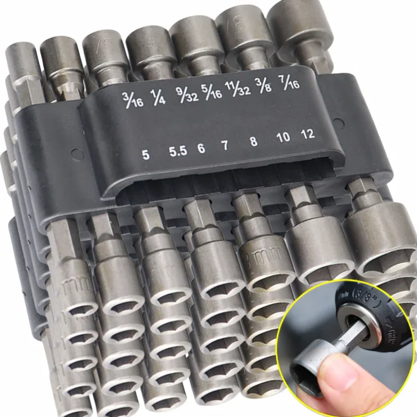 9/14Piece Hexagon Nut Driver Drill Bit Steel Socket Screwdriver Wrench Set Drill Bit Adapter Electric Impact Bolt Handle Tools