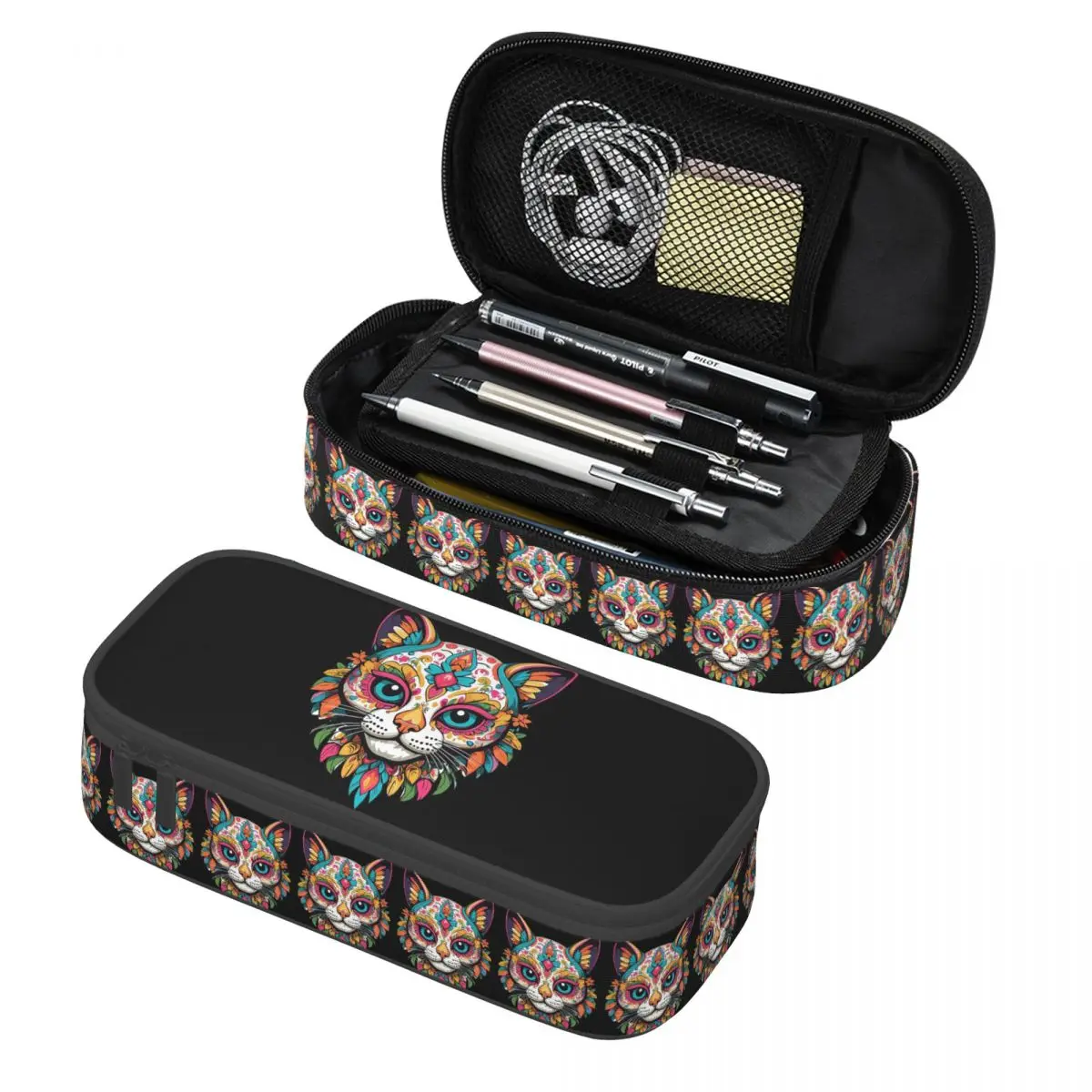 

Пеналы для карандашей с изображением кошки и сахарного черепа в стиле Дня мертвых, вместительные пеналы-органайзеры для канцелярских принадлежностей, пеналы-коробки для ручек, пеналы-сумки для детей