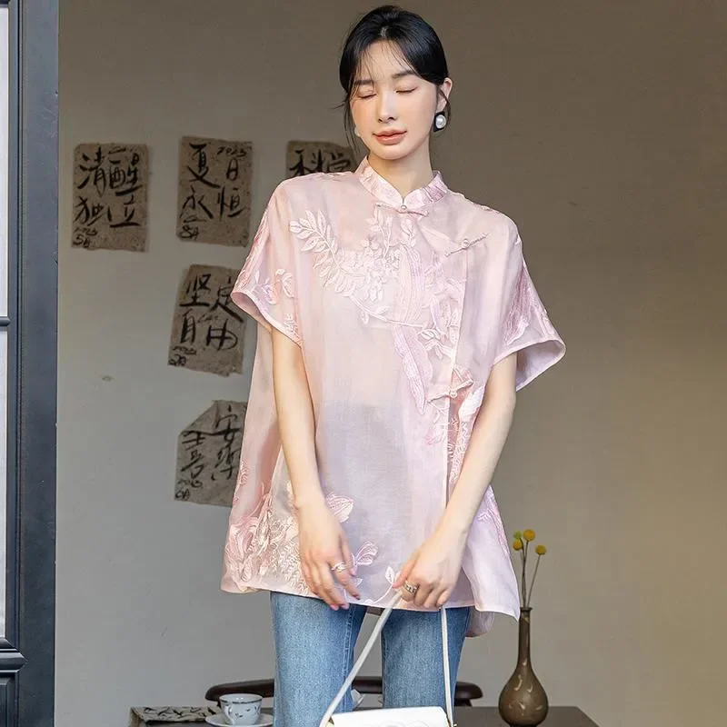 Chemisier ample Vintage pour femmes, Style chinois, broderie florale, col montant, bouton grenouille, chemises fines à manches courtes, nouvelle collection été 2025