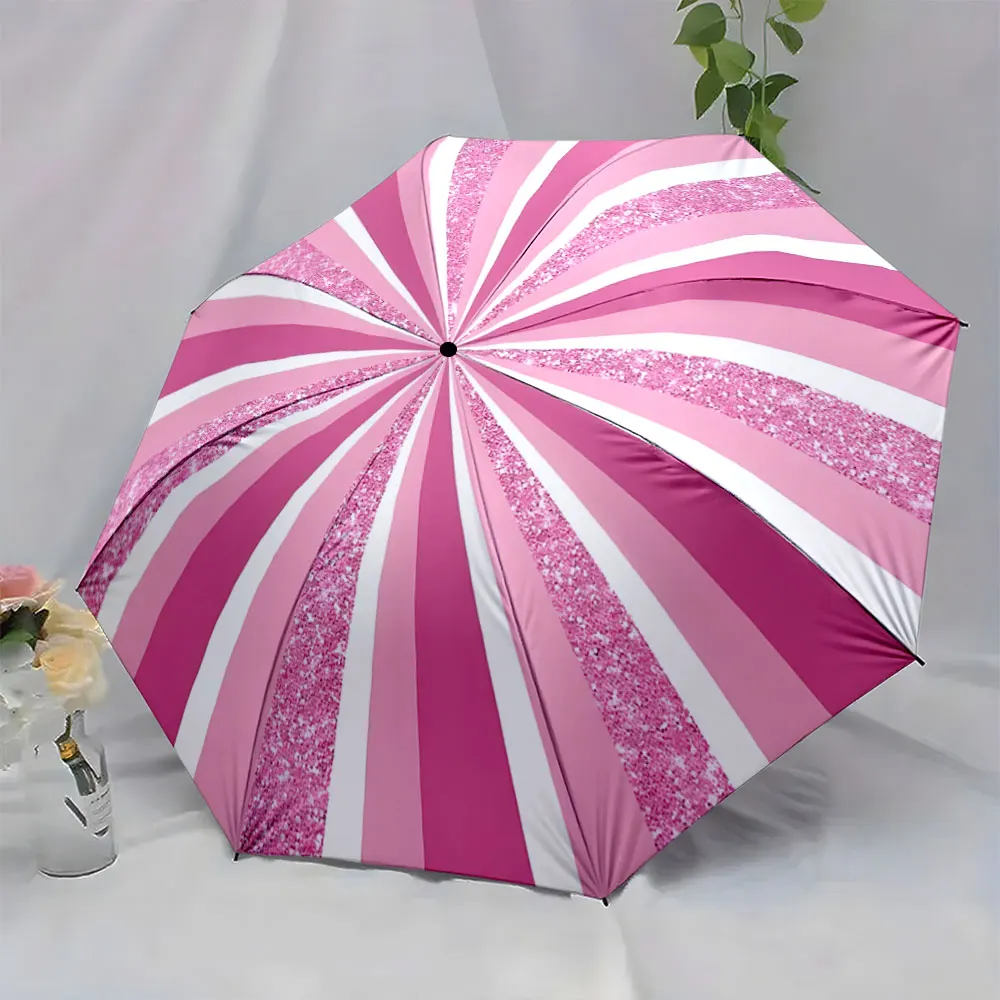 1PC Bright Pink Gradient Umbrella with Glitter Design Print 8 Iron Ribs Folding Umbrella Auto-Open Fashion Sunshade