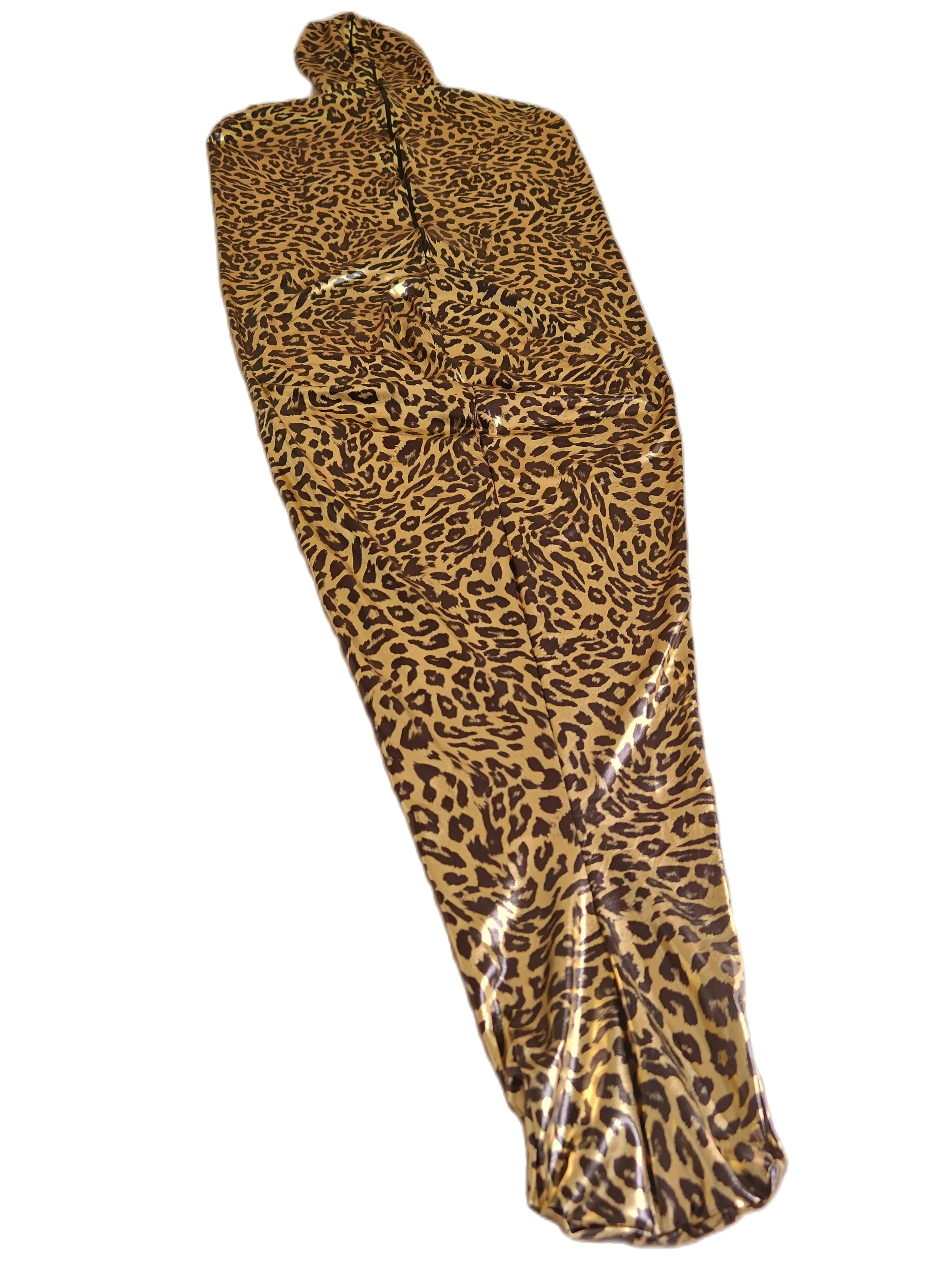 Sexy Leopard mummy bodysuit Without inner sleeves Shiny Metallic Spandex Catsuit adults cosplay Fancy Dress open mouth nostril