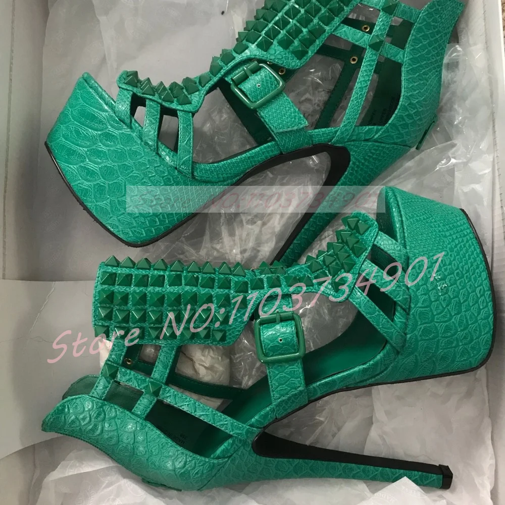 Crocodile Pattern Green Rivet Stiletto Sandals Women Platform Gladiator Strappy Cover Heel Sandals Street Chic High Heels Shoes