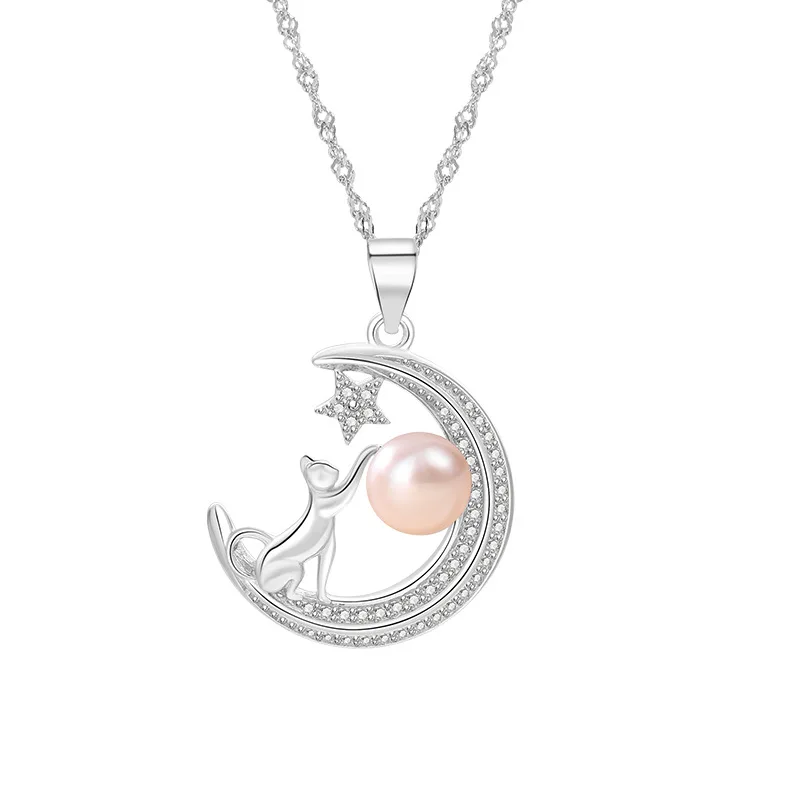 Silver Jewelry925Silver Moon Pearl Pendant Fashion Design Clavicle Necklace Women's Diamond Set Chain