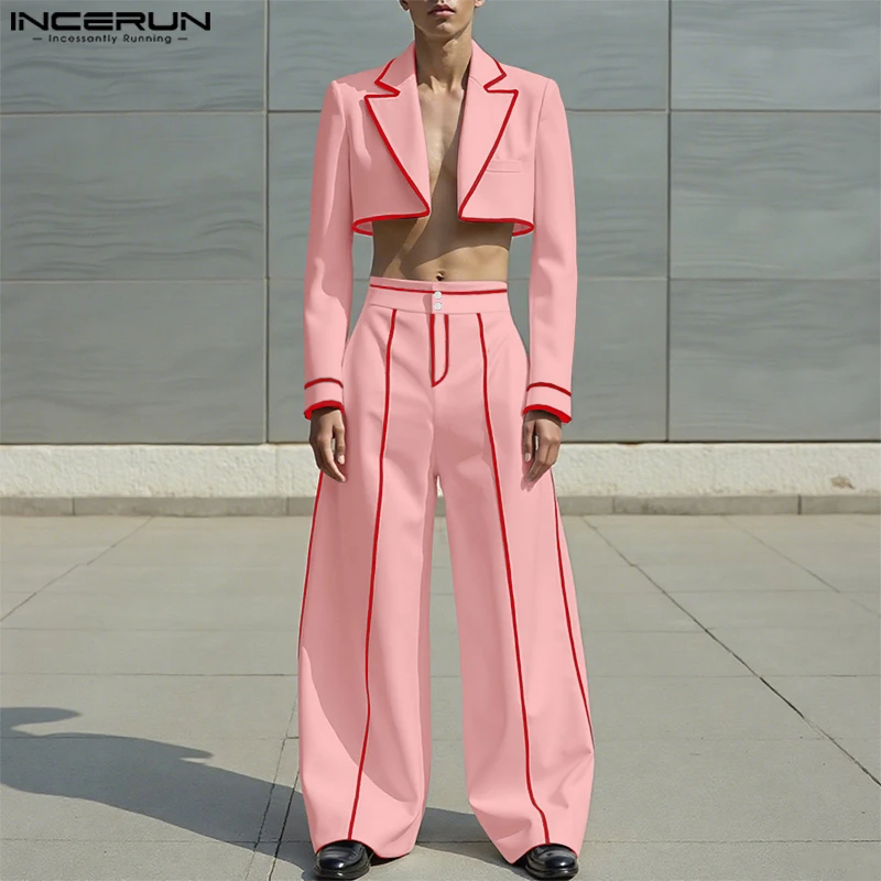 INCERUN Men Sets Patchwork Loose Long Sleeve Crop Blazer & Pants Two Pieces Sets Streetwear 2025 Fashion Casual Men's Suits