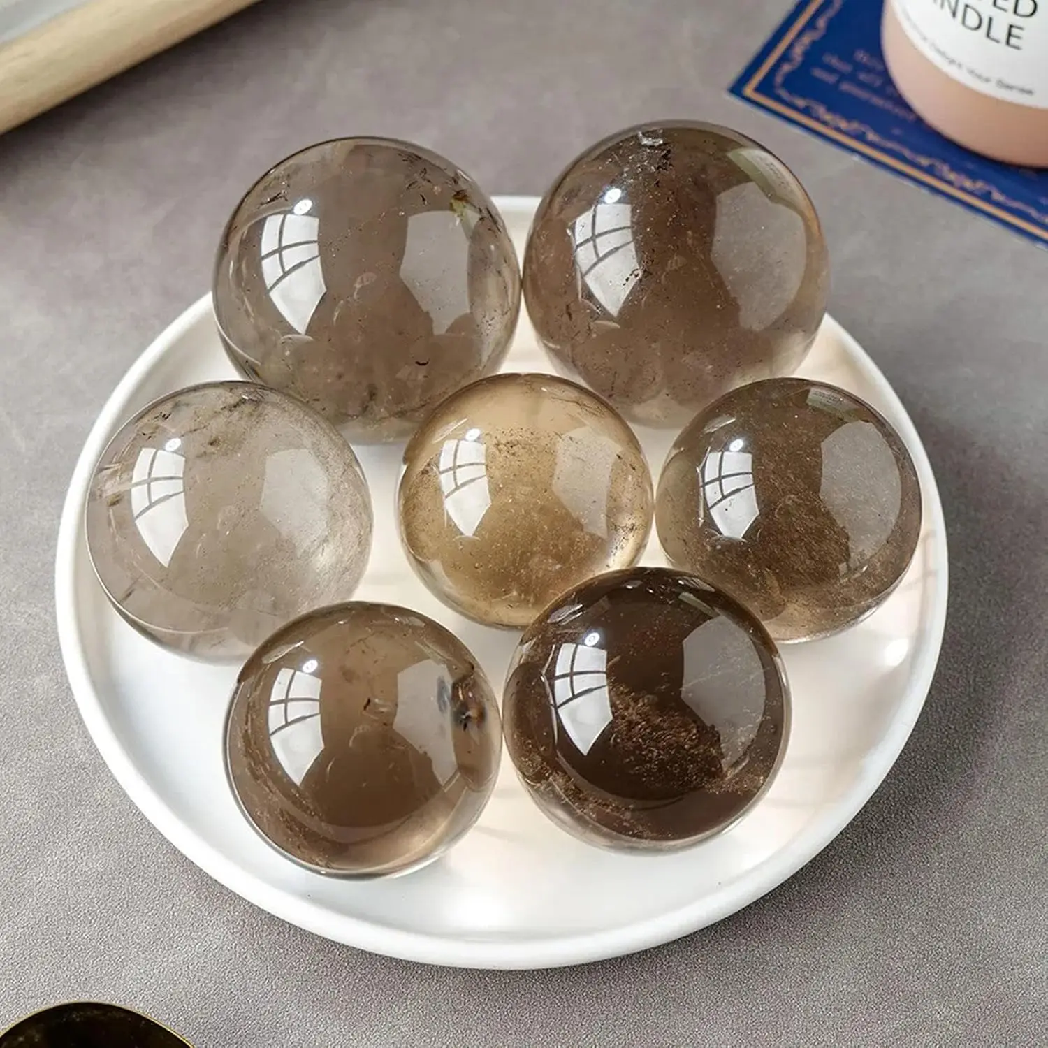 Natural Smoky Quartz Crystal Ball Sphere with Wood Stand - Quartz Sphere Specimen - Healing Gemstone Figurine for Reiki