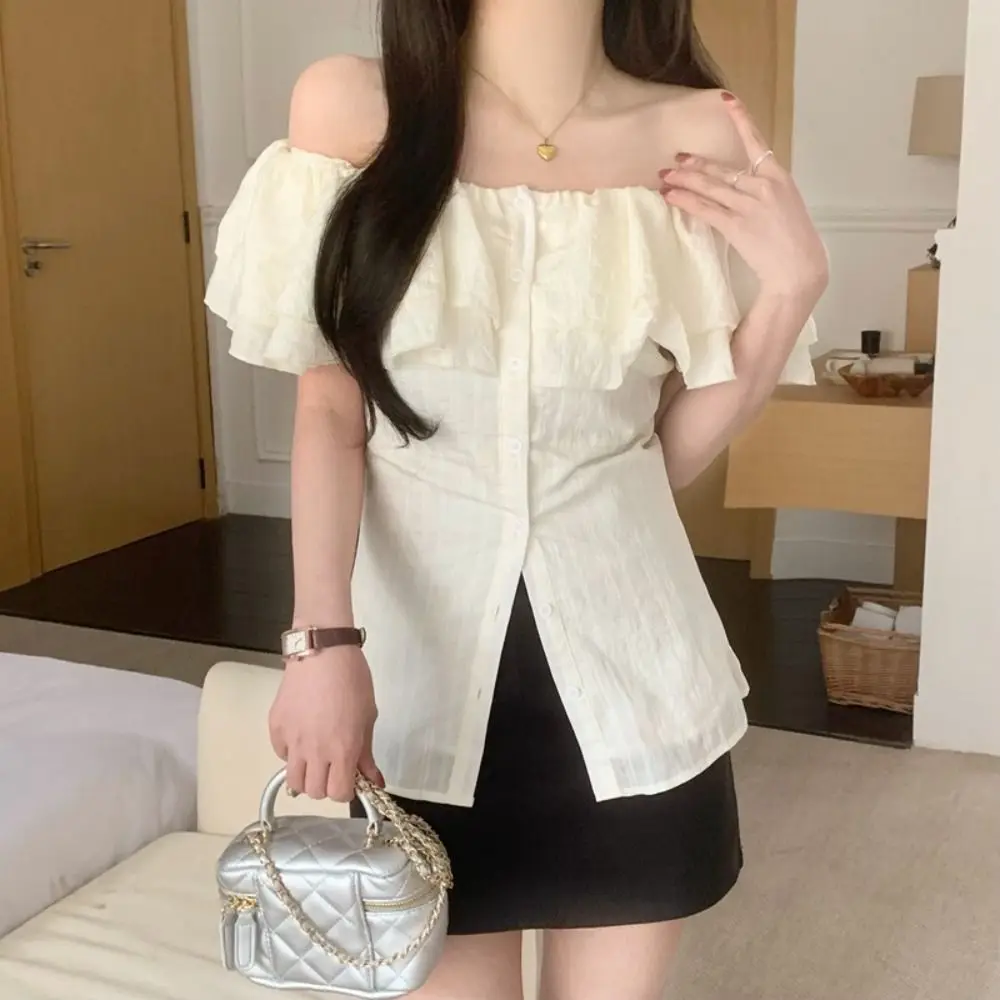 

Fashion Boat Neck Off Shoulder Tops Ruffle Shirt Beige Short T-shirts Thin Ins Style Y2K Short Sleeves Tops Women Lady