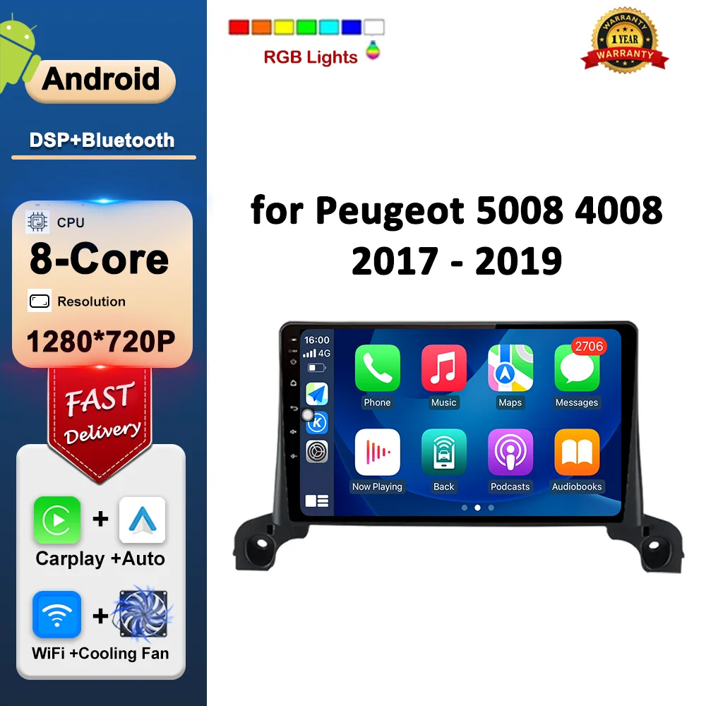 

Android OS for Peugeot 5008 4008 2017 - 2019 Car Multimedia Player Wireless Carplay WIFI HD Touch Screen Bluetooth FM RGB Light