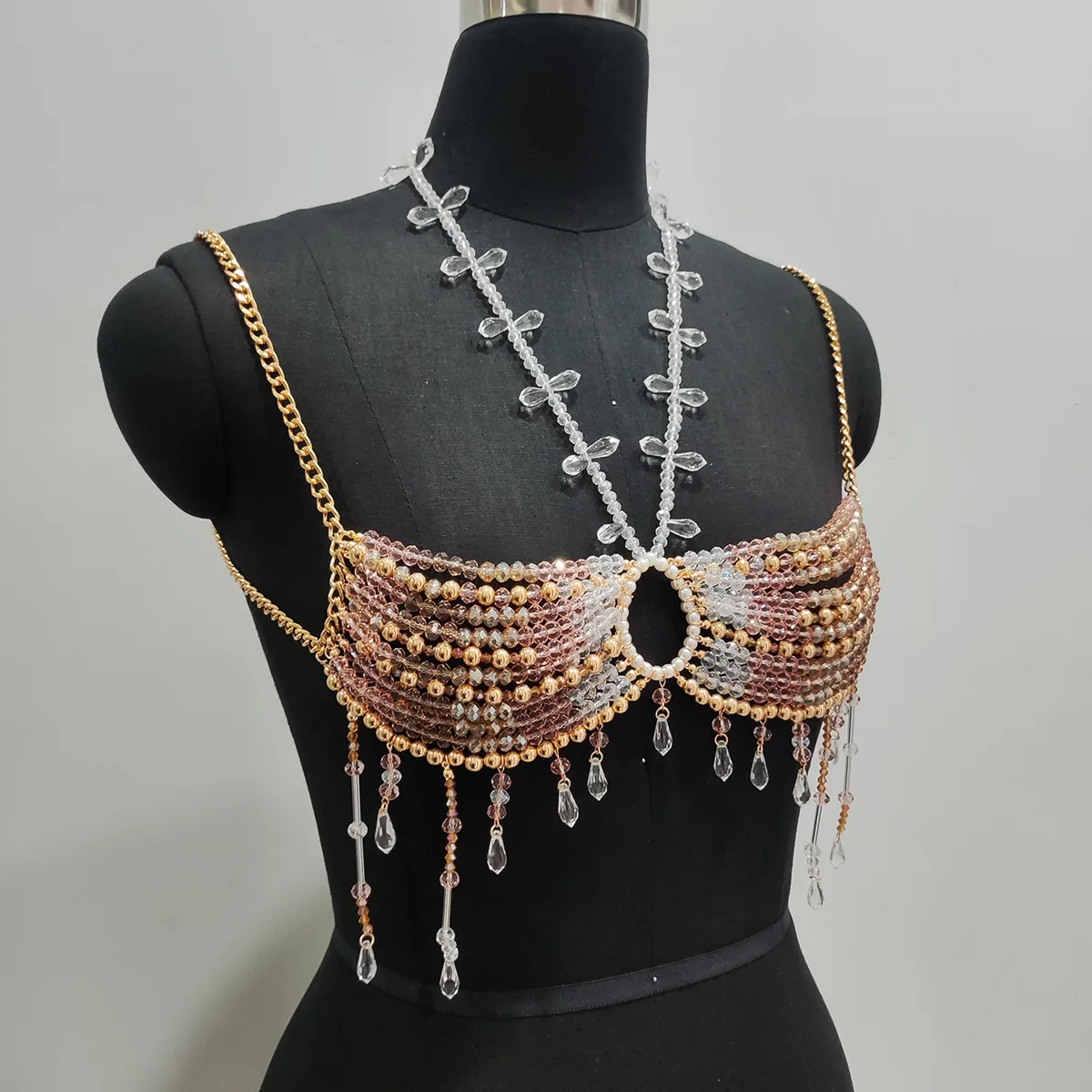 Handmade Crystal Bra Halter Gold Beaded Layered Lingerie Harness Bralette Beaded Women's Vest Neck Bra Bridal Beachwear
