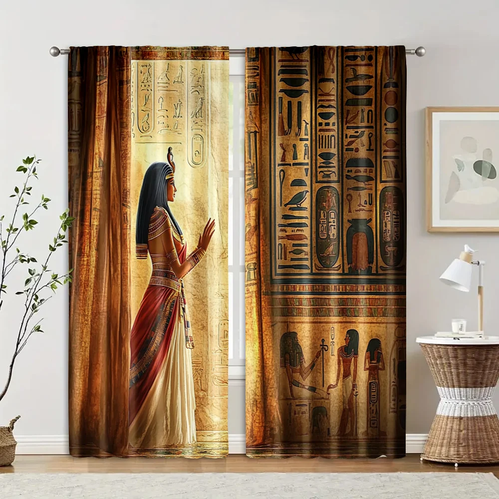 2pcs, Fashionable Curtains Cleopatra and hieroglyphics 100% Polyester (without rod) Room Decor Ldeal for Living Room and