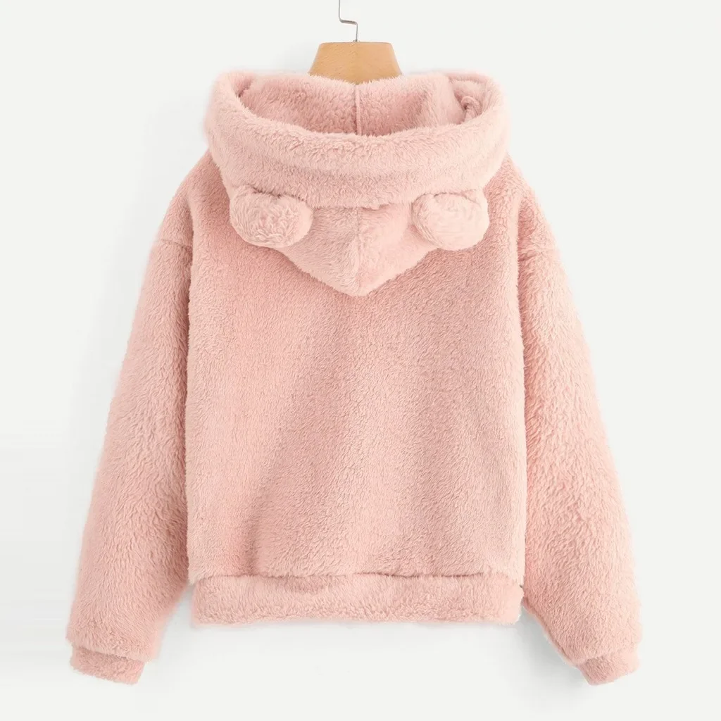 Schattige Beer Oor Sweatshirt Pluizige Teddy Hoodies Vrouwen Kawaii Cap Tops 2023 Nieuwe Herfst Winter Warme Trui Fleece Lange Mouw Jas