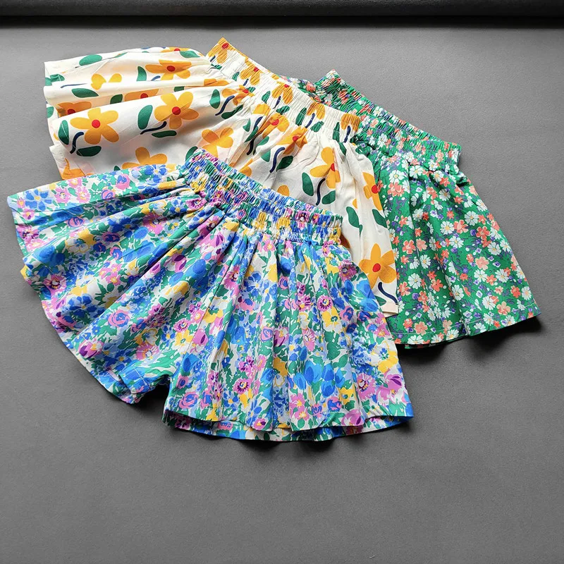 Summer sweet Korean Version girls Flower Shorts Versatile Children's Casual Loose Pleated Skirt Countryside Girls Wide Leg Pant