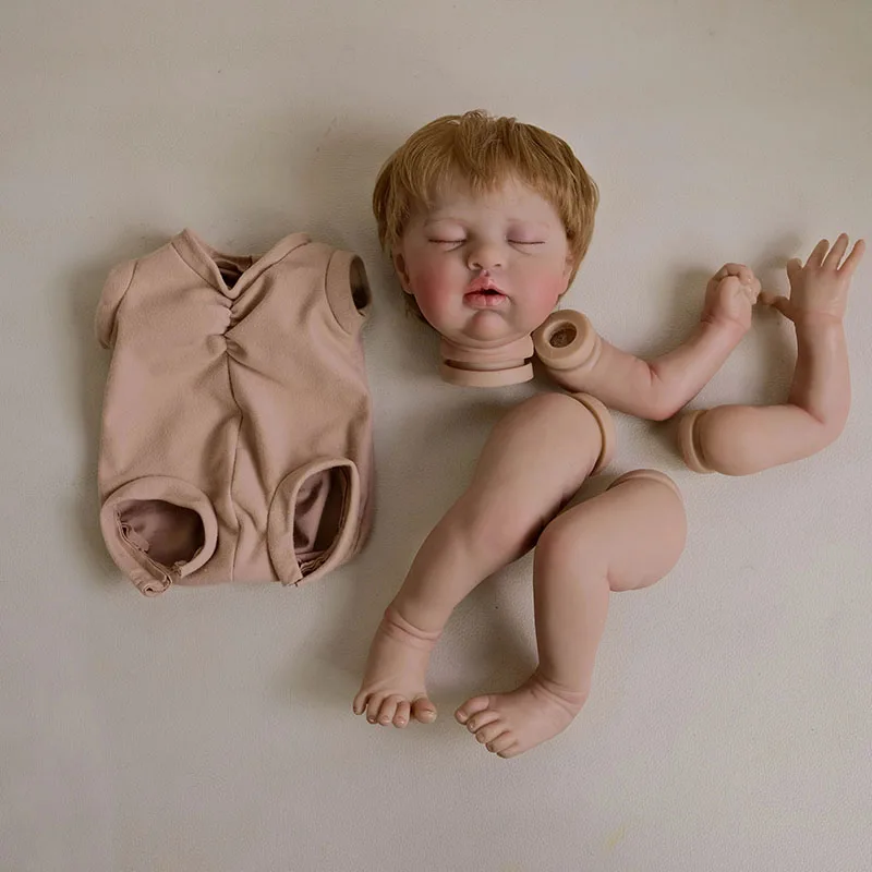 

NPK 19''Unfinished Doll Parts Teddy Reborn Kit Painted Doll Kit with Hand Rooted Blond Hair Lifelike Dolls