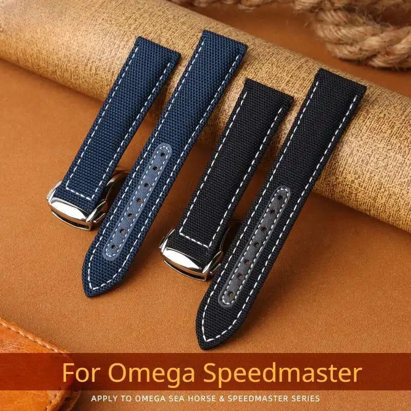 

Nylon Canvas Leather For Speedmaster AT150 Gold Needle Captain New Seamaster 300 Folding Buckle Strap 20Mm