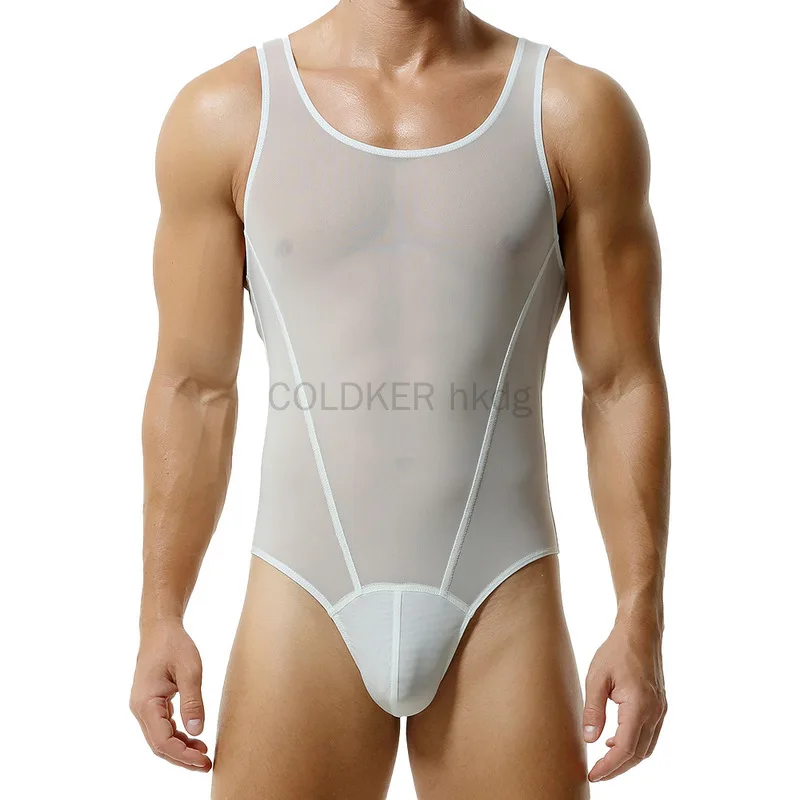 COLDKER Men Bodysuit Mesh See Through Sexy Sleeveless Thin Rompers Underwear Skinny Fashion Male Bodysuits Thongs