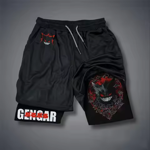 Japanese Anime Pok&eacute;mon Men's Summer 2 in 1 Shorts Gengar Graphics Trunks Man Gym Double Deck Shorts Harajuku Athletic Shorts