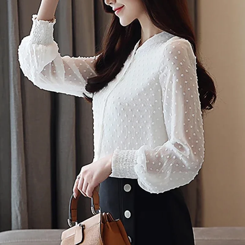 Fashion Spring White Chiffon Blouse Office Work Tops And Blouses Women Office Long Sleeve Women Shirts