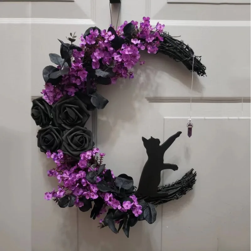 Gothic Wreath Decoration Handmade Artificial Moon Cat Garland Durable Halloween Door Hanging Decor for Indoor Outdoor Home Decor