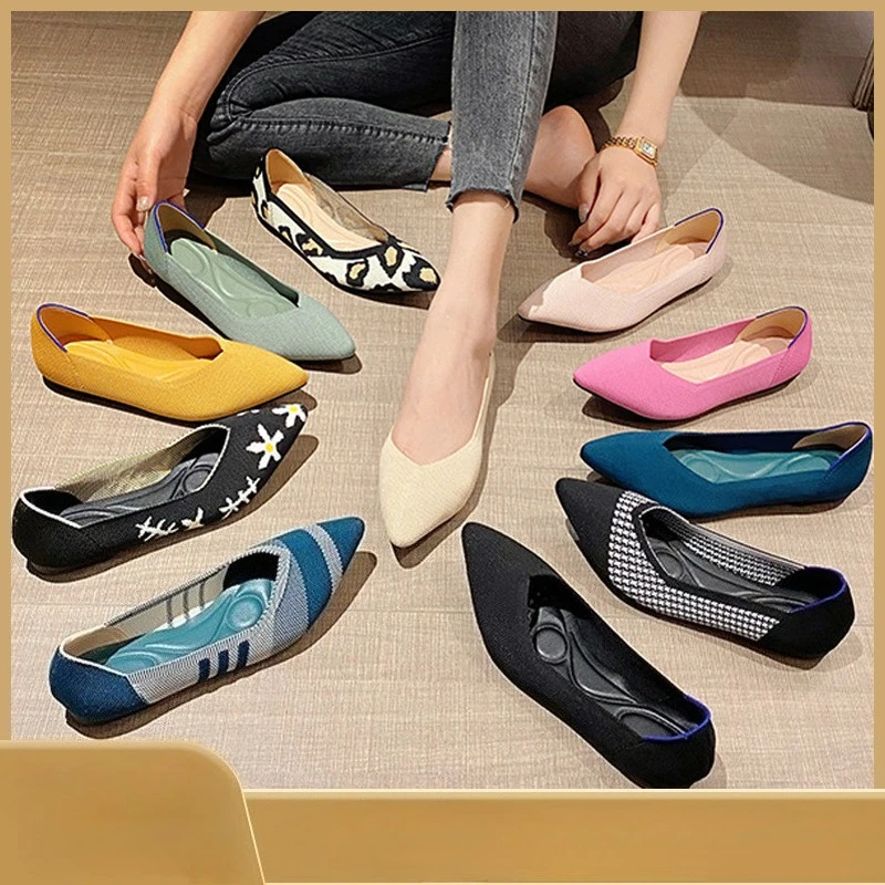 

Handmade Women Vulcanized Flat Shoes Breathable Knitted Comfortable Elegant Work Shoes