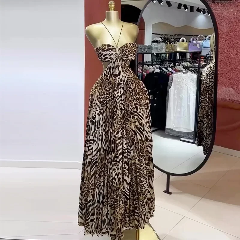 

Elegant Women Leopard Print Sleeveless Strapless Floor-Length Long Dress 2025 Beach Party Birthday Sexy Pleated Dresses