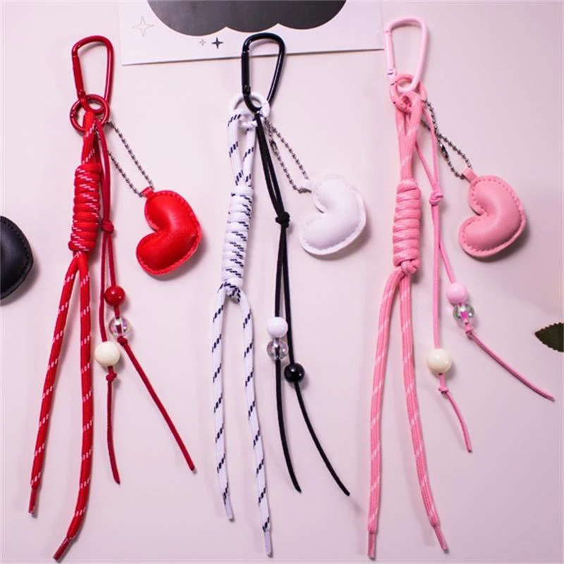 Colorful Hand Braided Rope Roman Knot Keychain Pendant Sweet Leather Heart Charm Bag Fashion Hanging Ornaments Car Keyring Gifts