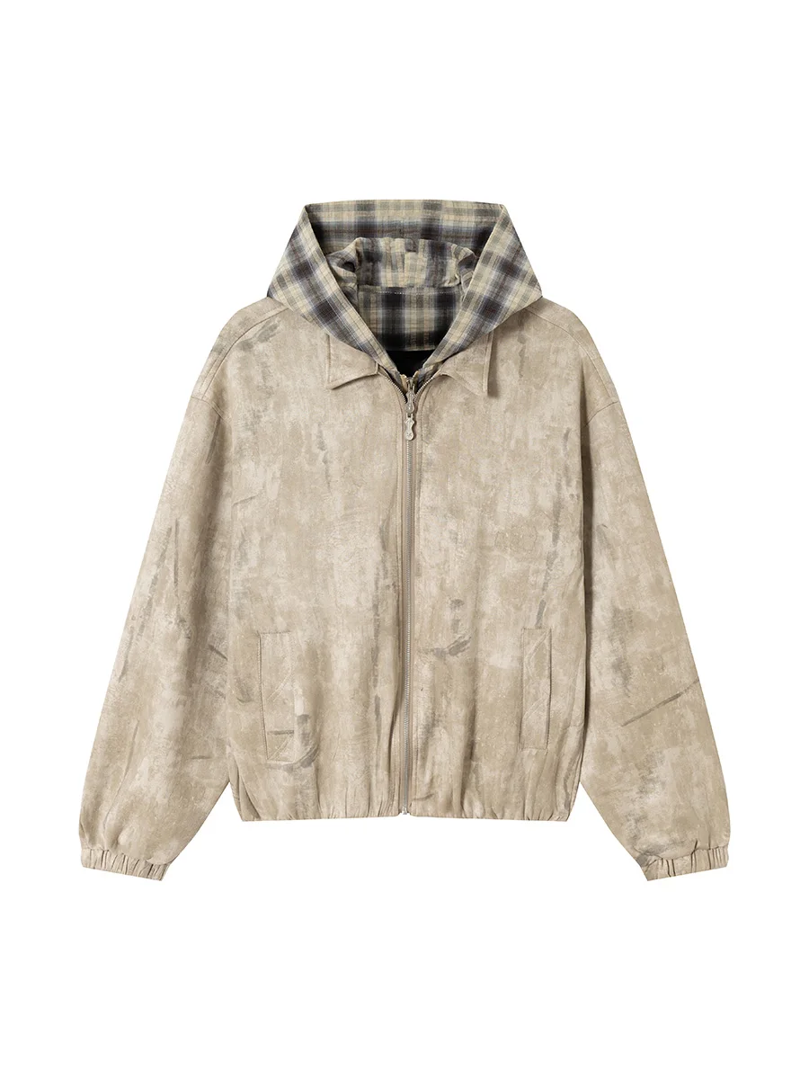 

American Sle Bruift Jaet Hooded Plaid Patchwork Faded Outerwear Men's Casual Spring Autumn Zipper Closure Long Sve