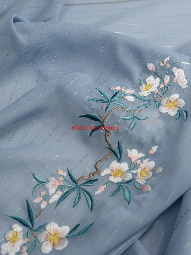 

Blue Flower Silver thread Embroidered Chiffon Fabric For Shirt, Summer Dress, Designer Fabric, Dress Show, Beach Dress