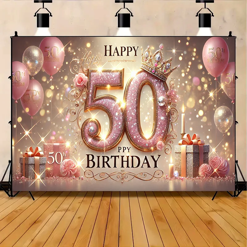 1 Sparkling Pink and Gold 50th Birthday Party Banner - Comes with Balloon, Gift, and 