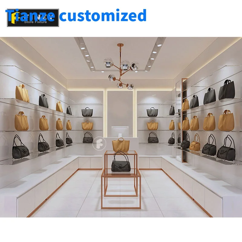 （customized）Customized Shop Interior Design Handbag Store Wooden Display Furniture Shelf Rack Stand Purses And Handbags Display