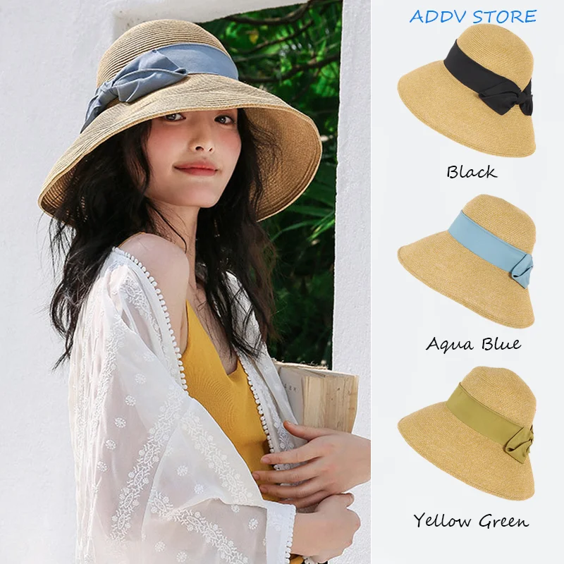 

Women Large Brim Shade Bucket Hat Japan Straw Flat Eaves Dome Sun Hats Summer Foldable Sand Beach Sunscreen Hats