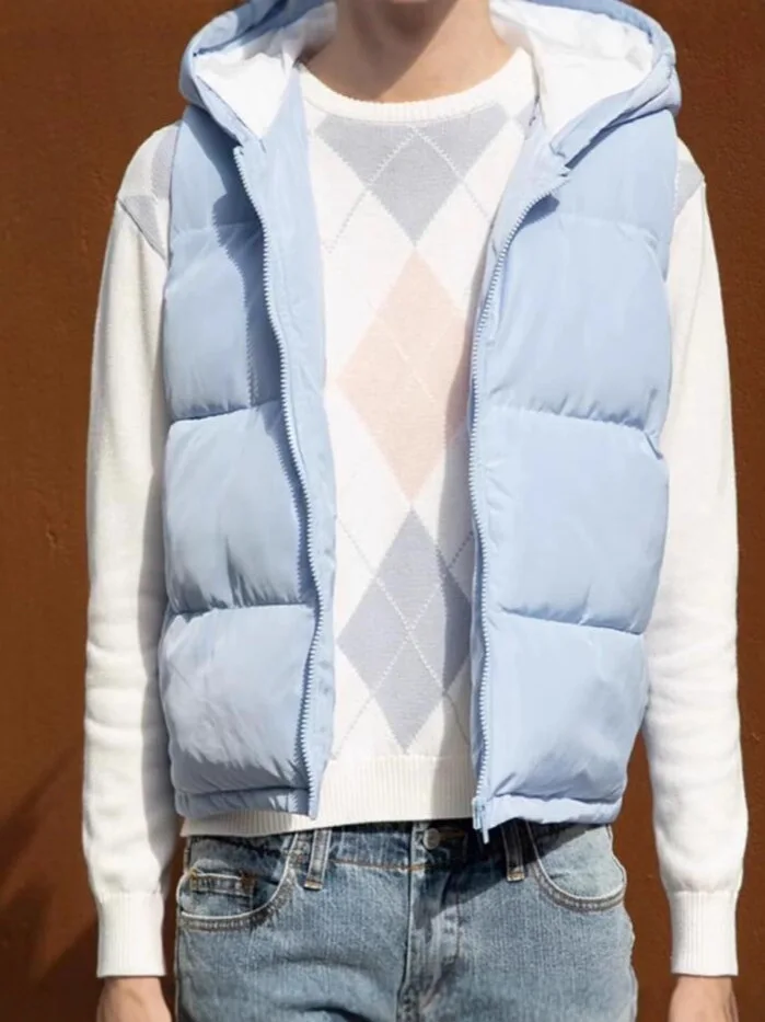 

Casual Blue Padded Vest Hoodies Jacket Women Fall Winter New Cotton Warm Drawstring Coat Top Sweet Chic Preppy Style Outerwear