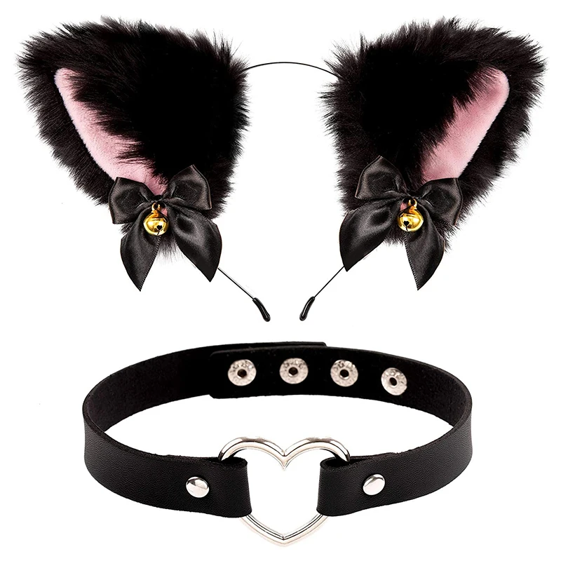 

2Pcs Black Cat Ear Headband with Bell Heart Chocker Necklace Girl Plush Furry Cat Ear Hair Band Women Girls Cosplay Party Dress