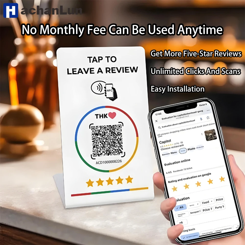 HACHANLUN Programmable NFC 215 QR code Google Review NFC Display rack 13.56Mhz Five Star Rating System Customer Feedback Tool