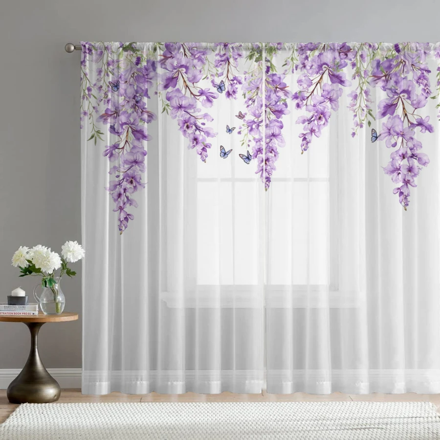2PCS Digital Print Sheer Curtains, Purple Wisteria Butterfly, Romantic Floral Garden Spring for Bedroom Living Room Home Decor