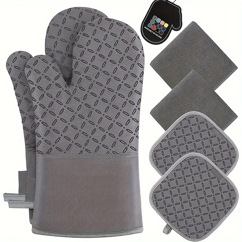 

6PCS/SET American Style Non-Slip Silicone Heat Resistant Gloves with Cotton Lining for Oven Microwave Baking - Kitchen Home Use