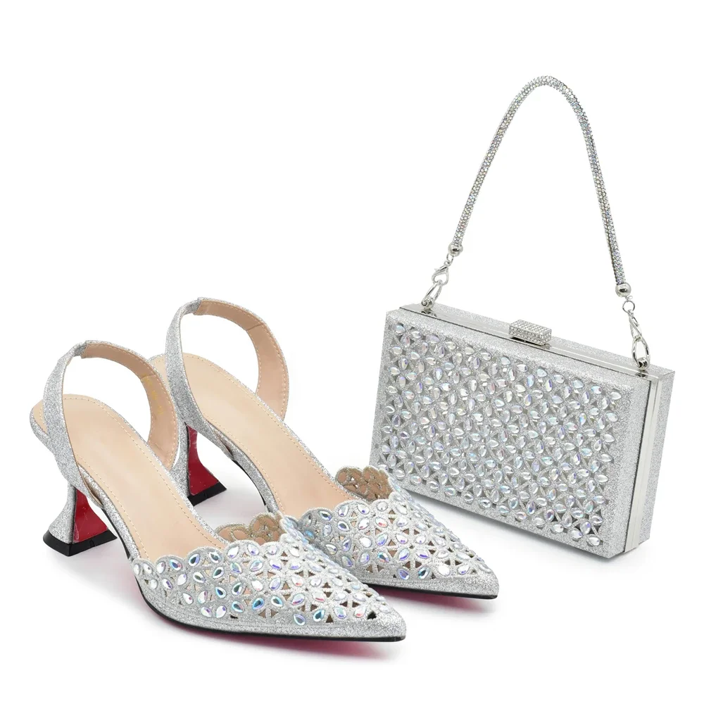 New Arrival Nigeria Women Designer Shoes and Bags Decorated with Rhinestone Wedding Italian Shoes Bag Set Pumps Women Luxury