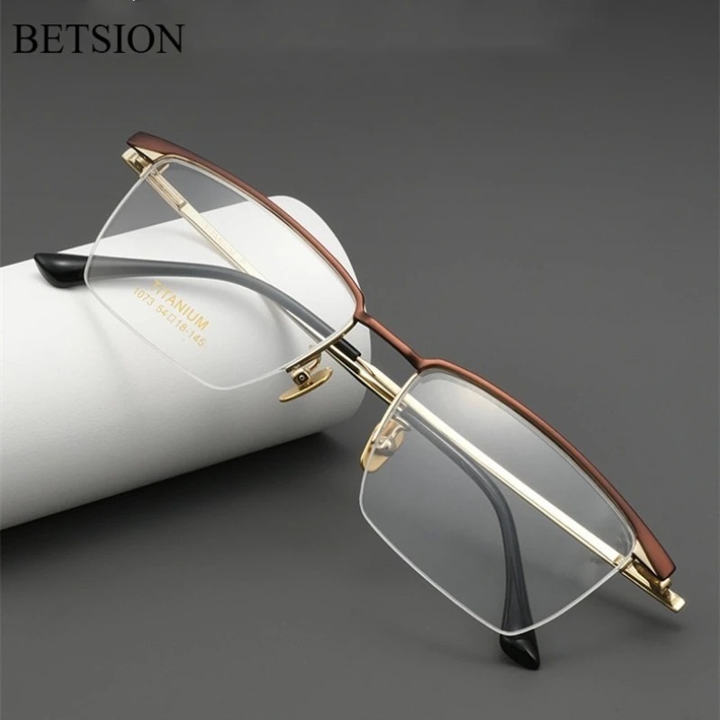 

BETSION Vintage Ultralight Half Rim Titanium 10g Reverse R Hinge Eyeglass Frame Fashion Business Square Spectacles Glasses #1073