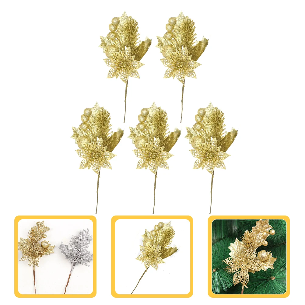 

5pcs Christmas Artificial Glitter Leaves Picks Simulated Shiny Decor For Xmas Tree Wreath Garland Vase Decoration